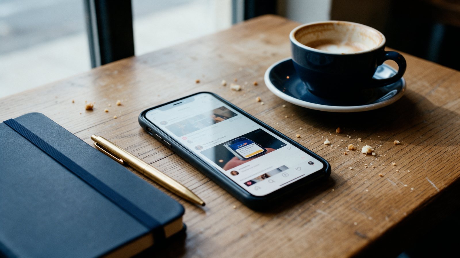 Celular con un anuncio en redes sociales sobre una mesa de café