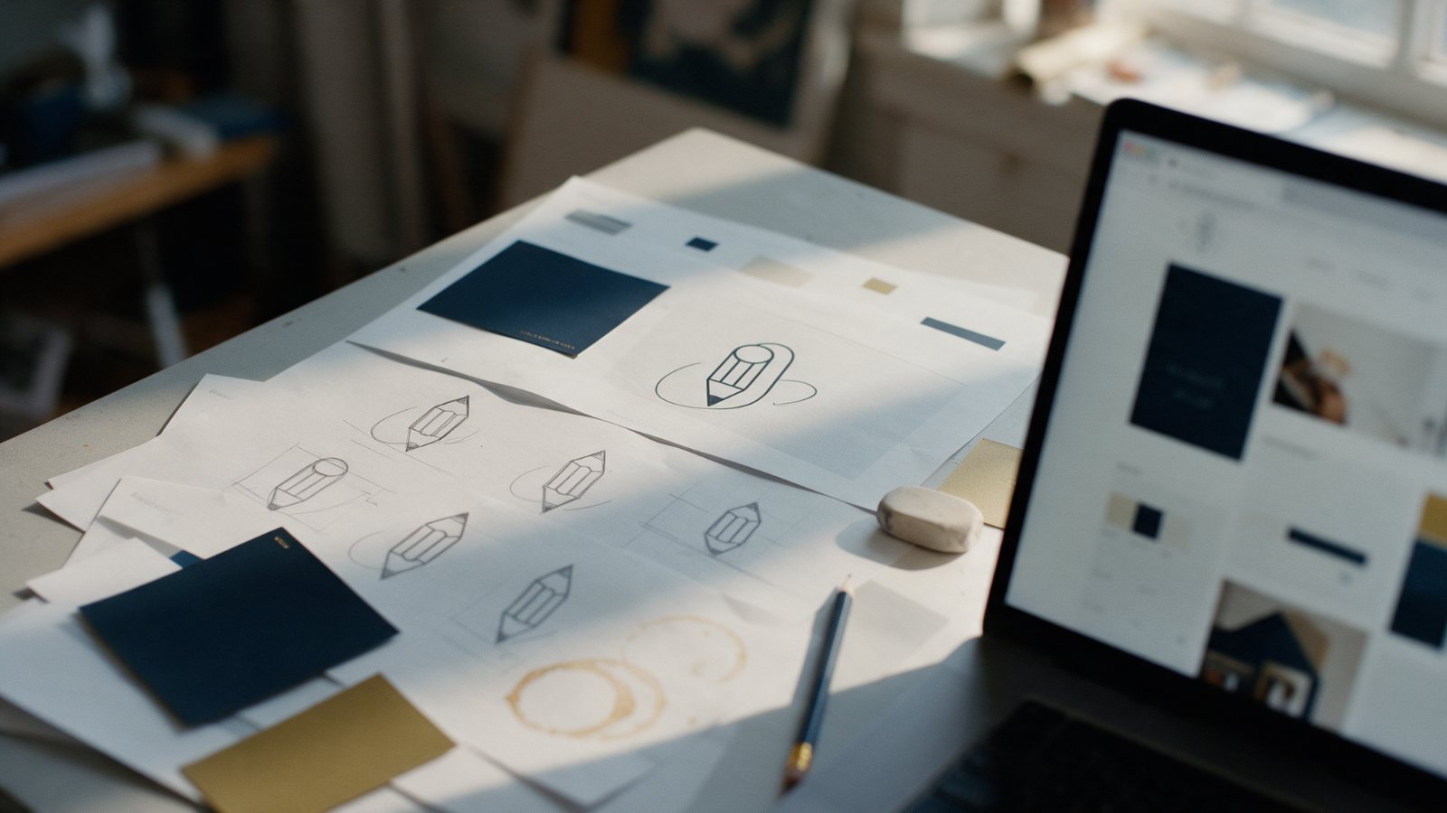Escritorio de diseño con bocetos de marca y muestras de color