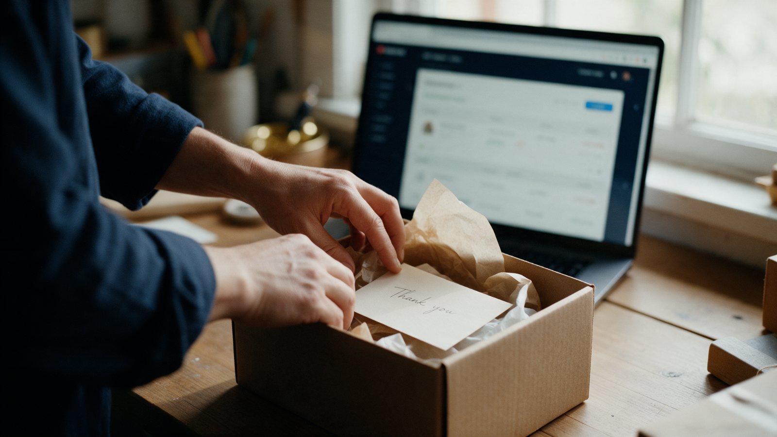 Manos preparando un pedido online en una caja de cartón