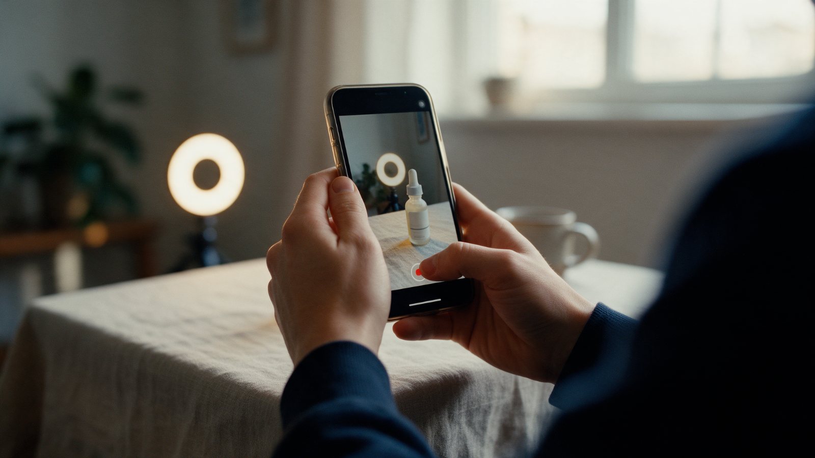 Manos grabando con el celular un video de un producto para redes sociales